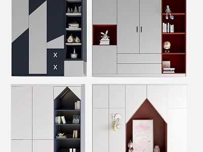Modern Wardrobe Design With Gray And Dark Red Storage Shelves And Decorative Items 3d model