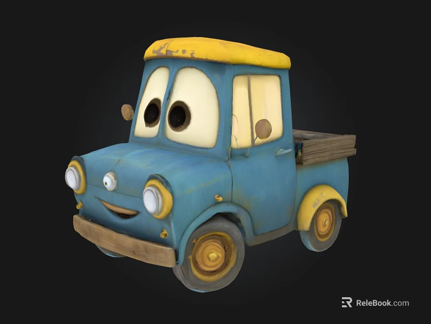 Cute Blue Cartoon Truck With Yellow Roof Smiling Face And Big Eyes 3d model 
