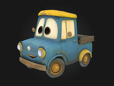 Cute Blue Cartoon Truck With Yellow Roof Smiling Face And Big Eyes 3d model