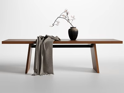 Long Wooden Dining Table With Black Vase Twig Flowers And Gray Blanket 3d model
