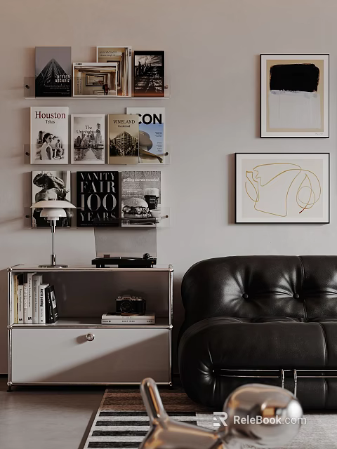 Stylish Living Room Interior With Leather Sofa Bookshelf Table Lamp And Wall Magazines Posters 3d model 