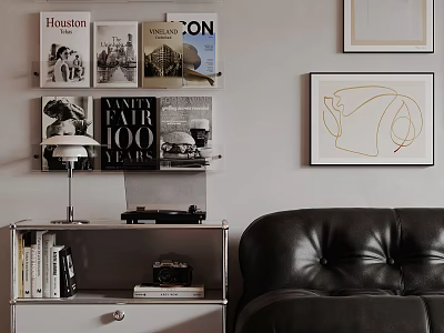 Stylish Living Room Interior With Leather Sofa Bookshelf Table Lamp And Wall Magazines Posters 3d model
