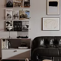 Stylish Living Room Interior With Leather Sofa Bookshelf Table Lamp And Wall Magazines Posters