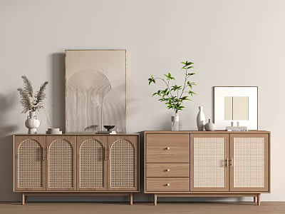 Wooden Entryway Cabinet and Sideboard with Arched Lattice Doors Drawers Vases Plants Picture Frames 3d model