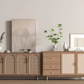 Wooden Entryway Cabinet and Sideboard with Arched Lattice Doors Drawers Vases Plants Picture Frames