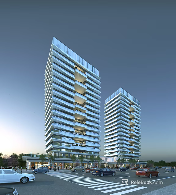 Modern High Rise Office Buildings With Glass Curtain Walls Balconies And Surrounding Greenery 3d model 