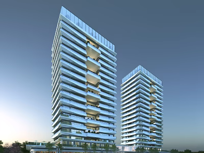 Modern High Rise Office Buildings With Glass Curtain Walls Balconies And Surrounding Greenery 3d model
