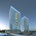 Modern High Rise Office Buildings With Glass Curtain Walls Balconies And Surrounding Greenery