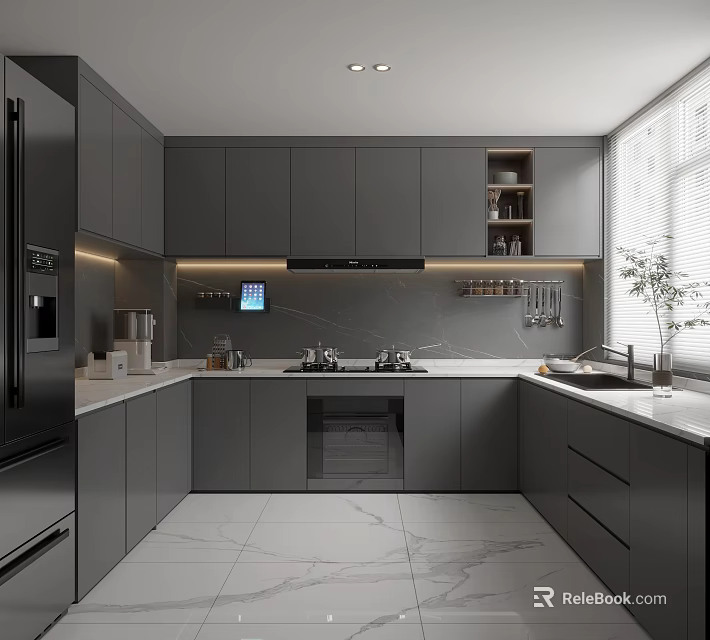Modern Gray Kitchen Interior With Marble Countertops And Built In Appliances 3d model 