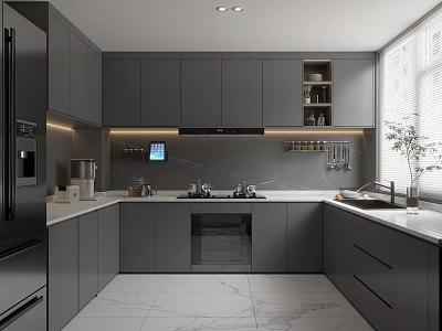 Modern Gray Kitchen Interior With Marble Countertops And Built In Appliances 3d model