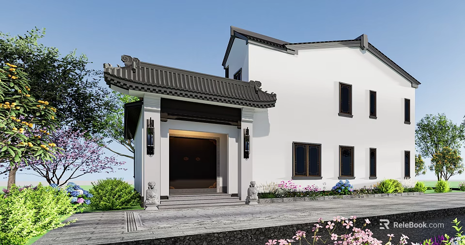 Traditional Chinese Detached Villa Featuring Classic Roof White Walls And Garden Greenery 3d model 
