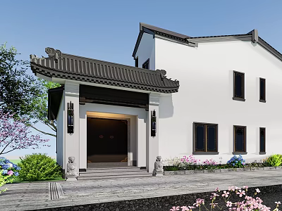 Traditional Chinese Detached Villa Featuring Classic Roof White Walls And Garden Greenery 3d model