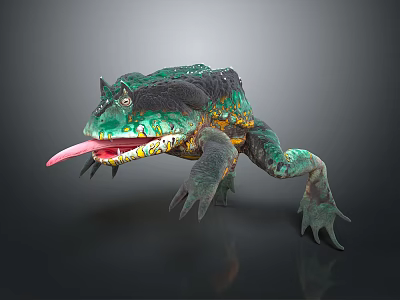 Green Horned Mythical Creature Sculpture Carving With Extended Tongue And Yellow Accents 3d model