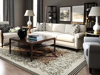 Classic White Sofa And Coffee Table Set With Table Lamps Area Rug And Wall Art 3d model