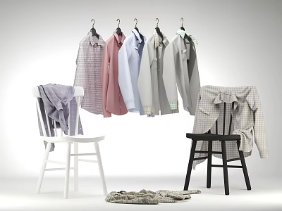 Assorted Clothes Hanging On Hooks And Draped Over White And Black Chairs 3d model