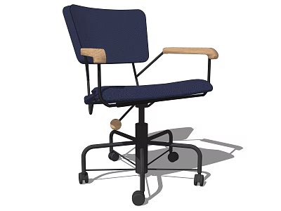 Navy Blue Office Chair With Wooden Armrests And Swivel Wheels Design 3d model