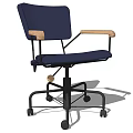 Navy Blue Office Chair With Wooden Armrests And Swivel Wheels Design