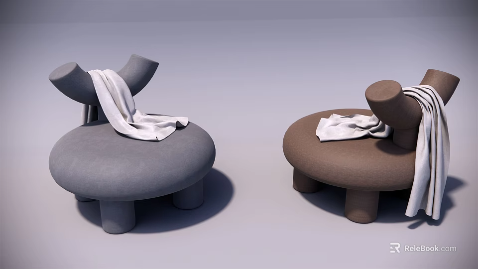 Gray and Brown Round Design Leisure Chairs With White Throw Blanket For Home Decor 3d model 