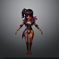 3D Fantasy Female Character With Purple Ponytail Red Purple Outfit And Decorative Wings