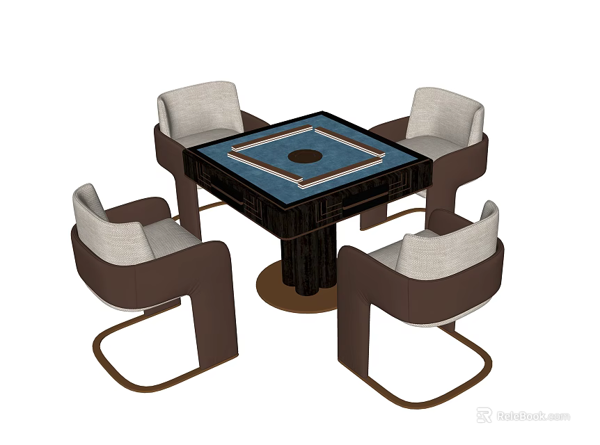 Square Entertainment Table With Blue Inlay Top And Brown Beige Upholstered Chairs 3d model 