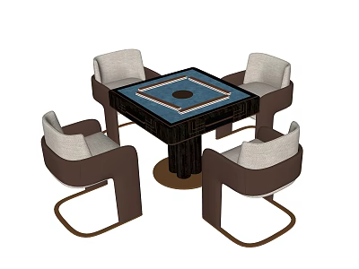Square Entertainment Table With Blue Inlay Top And Brown Beige Upholstered Chairs 3d model