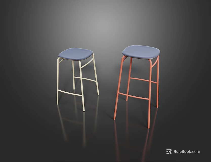 Modern Two Bar Stools with Blue Seats and White and Red Frames in Interior 3d model 