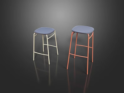 Modern Two Bar Stools with Blue Seats and White and Red Frames in Interior 3d model