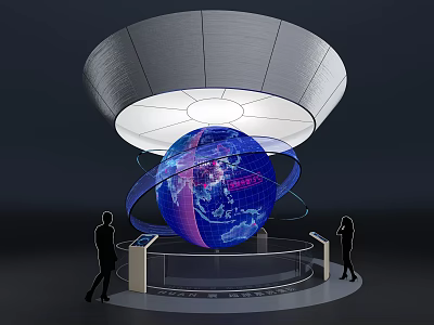 Tech Exhibition Hall Featuring Giant Illuminated Globe With Interactive Display For Visitors 3d model