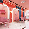 Pink Dessert Shop Interior Design With Arched Decor White Tables Chairs And Counter