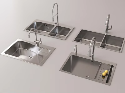Stainless Steel Kitchen Sinks With Faucets And Fresh Lemons On Kitchen Counter 3d model