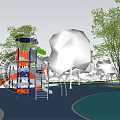 Outdoor Playground With Colorful Flooring Slide Climbing Structure And Trees