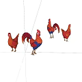 Red And Blue Chicken Rooster Figurines Standing On White Background