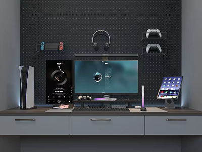 Modern Computer Desk Setup With Monitor Headphones Game Controllers Tablet And Wall Mounted Pegboard 3d model