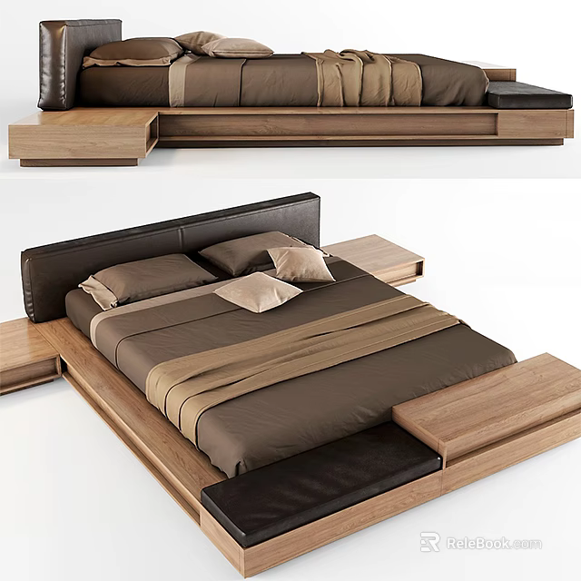 Modern Double Bed With Wooden Frame Dark Headboard And Brown Bedding 3d model 