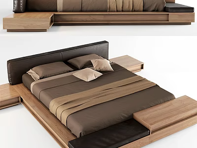 Modern Double Bed With Wooden Frame Dark Headboard And Brown Bedding 3d model