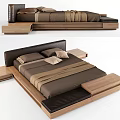 Modern Double Bed With Wooden Frame Dark Headboard And Brown Bedding