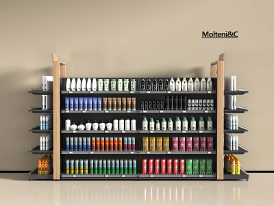 Organized Retail Display Shelves With Multiple Tiers Neatly Holding Various Bottles Cans And Products 3d model