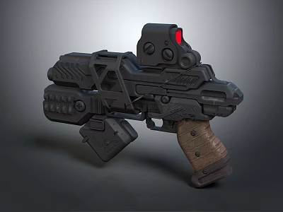 Futuristic Black Pistol Featuring Red Dot Sight And Wooden Grip Details 3d model
