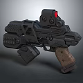Futuristic Black Pistol Featuring Red Dot Sight And Wooden Grip Details