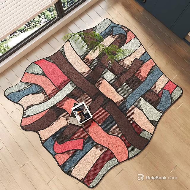 Multicolored Patterned Rug With Irregular Curved Lines On Wooden Floor And Green Plant 3d model 