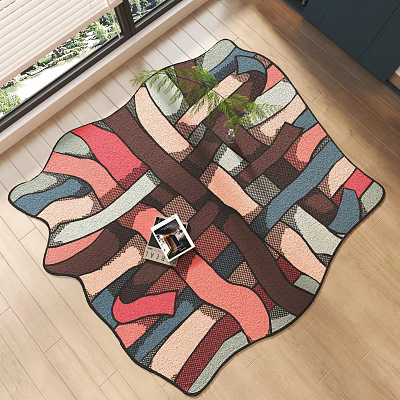 Multicolored Patterned Rug With Irregular Curved Lines On Wooden Floor And Green Plant 3d model