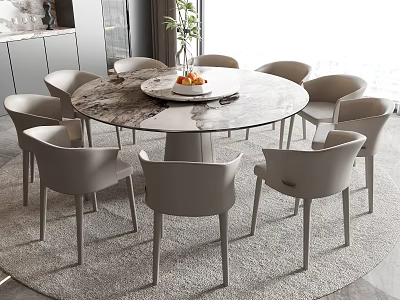 Elegant Modern Round Dining Table Set With Marble Top And Gray Upholstered Chairs 3d model