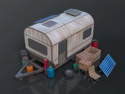 Wooden Camper Van With Solar Panels Top Fuel Cans Crate Chair And Tire 3d model
