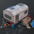 Wooden Camper Van With Solar Panels Top Fuel Cans Crate Chair And Tire