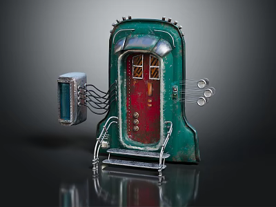 Vintage Green Metal Door Structure With Red Panel Metal Steps And Connected Wires 3d model