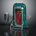 Vintage Green Metal Door Structure With Red Panel Metal Steps And Connected Wires