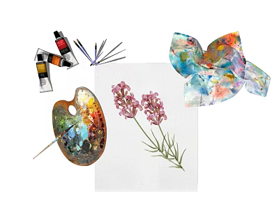 Creative Musical Instruments and Art Supplies with Paint Tubes Brushes Palette and Lavender Drawing 3d model