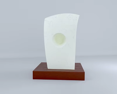 White Trophy with Curved Design and Central Circular Hole on Wooden Base against Light Background 3d model