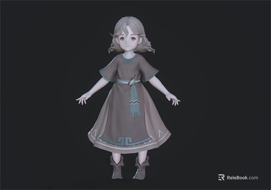 3D Female Game and Movie Character with Gray Hair Long Dress and Decorative Boots 3d model 