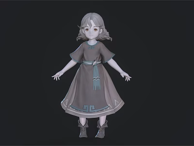 3D Female Game and Movie Character with Gray Hair Long Dress and Decorative Boots 3d model